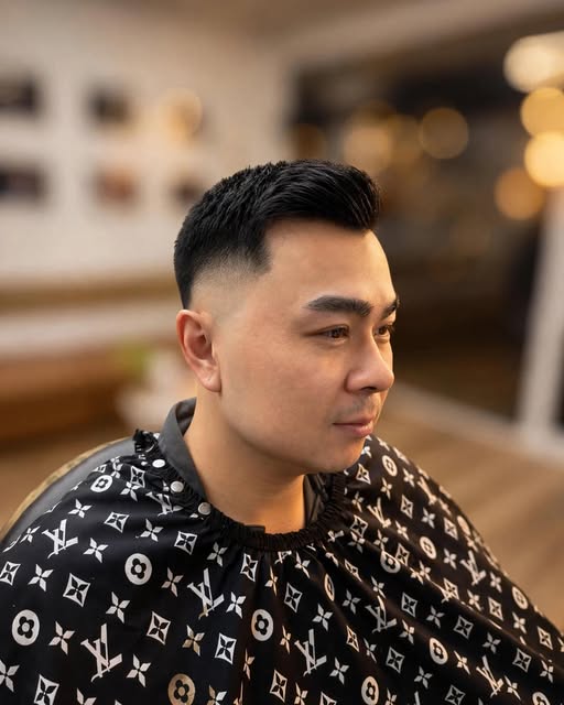 A finished short haircut with a clean side fade, photographed at Luxurious Barber.
