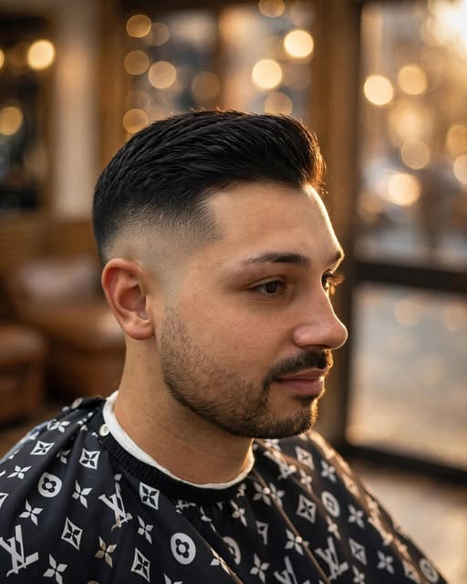 A close-up of a fresh fade and shaped beard at Luxurious Barber.